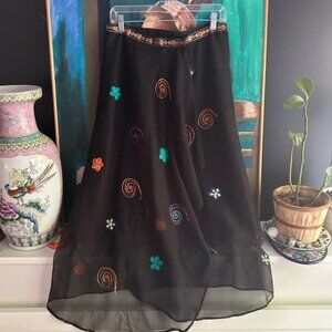 Goddess Wear Boho Hippie Black A-Line Skirt with Multicolor Embroidery One Size